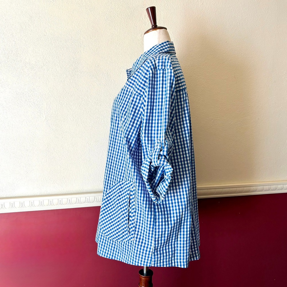 Joan Rivers Cotton Poplin Gingham Button Up Tunic Top Size 1X Blue White Pockets - Picture 2 of 12